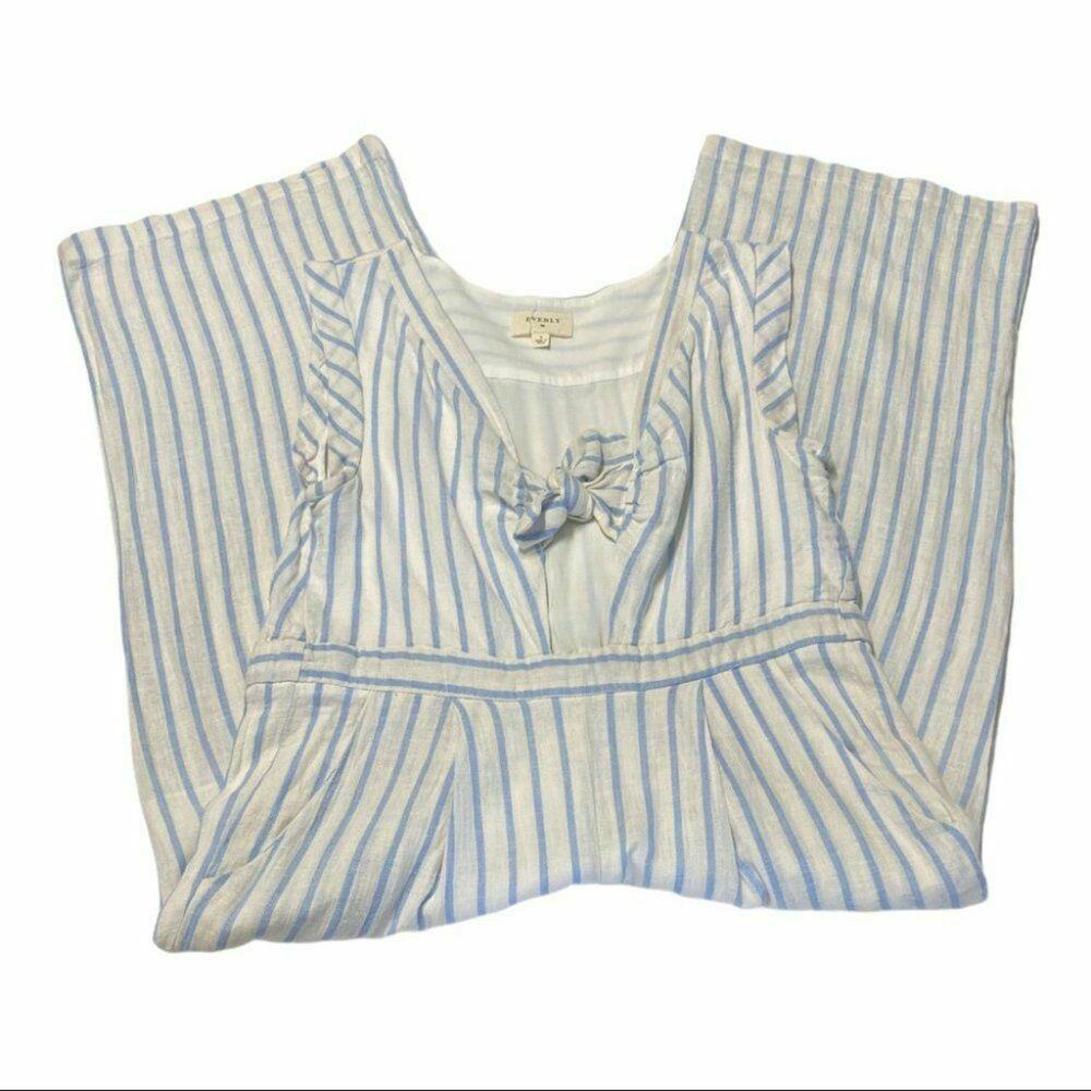 everly Tie-Front Culotte Jumpsuit in Ikat Stripe white blue sz small linen - Picture 12 of 12